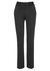 Ladies tapered leg pant in charcoal, featuring stretch knit fabric, flattering silhouette, and practical pockets for versatile styling.