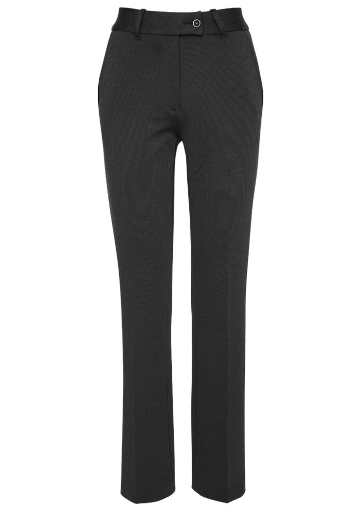 Ladies tapered leg pant in charcoal grey, crafted with a comfortable stretch fabric, perfect for work and evening events.