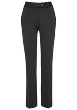 Ladies tapered leg pant in charcoal grey, crafted with a comfortable stretch fabric, perfect for work and evening events.