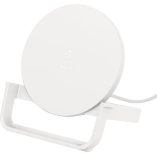 Sleek white BOOST?CHARGE 10W wireless charging stand for fast, clutter-free device charging, compatible with Qi devices.