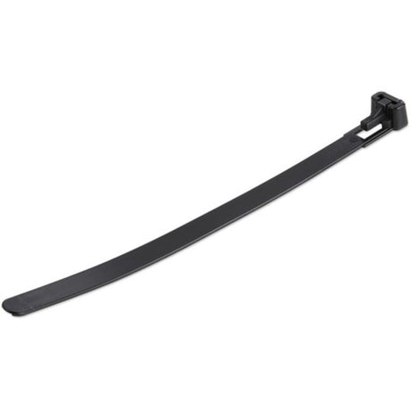 Black reusable cable ties, 15cm long, 7mm wide, 22kg strength, perfect for organizing cables indoors or outdoors.