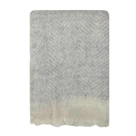 Luxurious grey wool mohair blend throw with eyelash fringe, measuring 130 x 170 cm, perfect for cozying up in style.