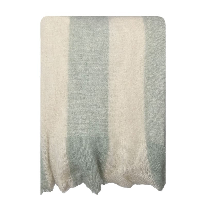 Luxurious blue and cream striped throw made of wool and mohair, featuring eyelash fringe and measuring 130 x 170cm.