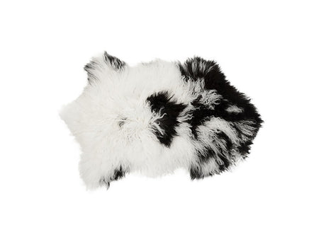 Elegant Tibetan Lamb Fur Rug in Ivory, Black, and Brown, measuring 90x50cm, adds luxury and warmth to any space.