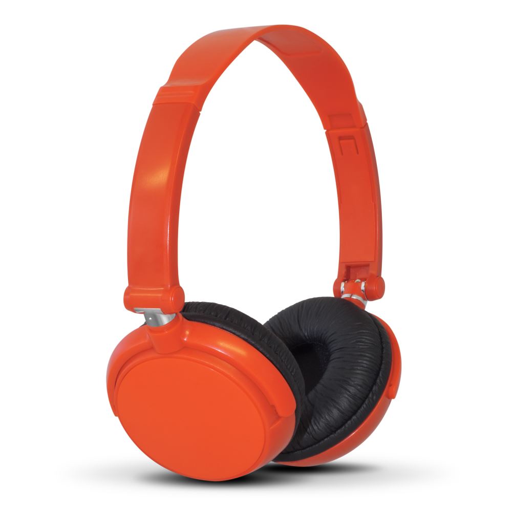 Premium orange Pulsar Brand headphones featuring high-fidelity sound, adjustable headband, and comfortable padded ear pieces.