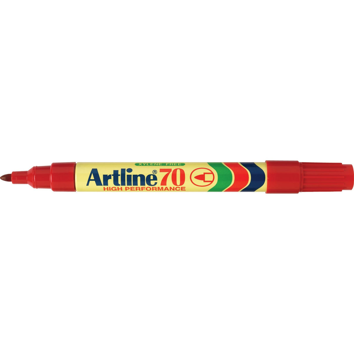 Artline 70 Permanent Marker set in red, featuring 12 units, 1.5mm bullet nib, low odour, instant drying ink for versatile marking.