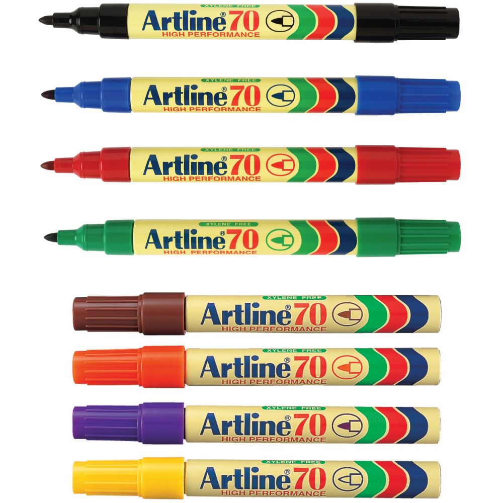 Artline 70 Permanent Markers in assorted colors, 1.5mm bullet nib for vibrant, durable marks on various surfaces.