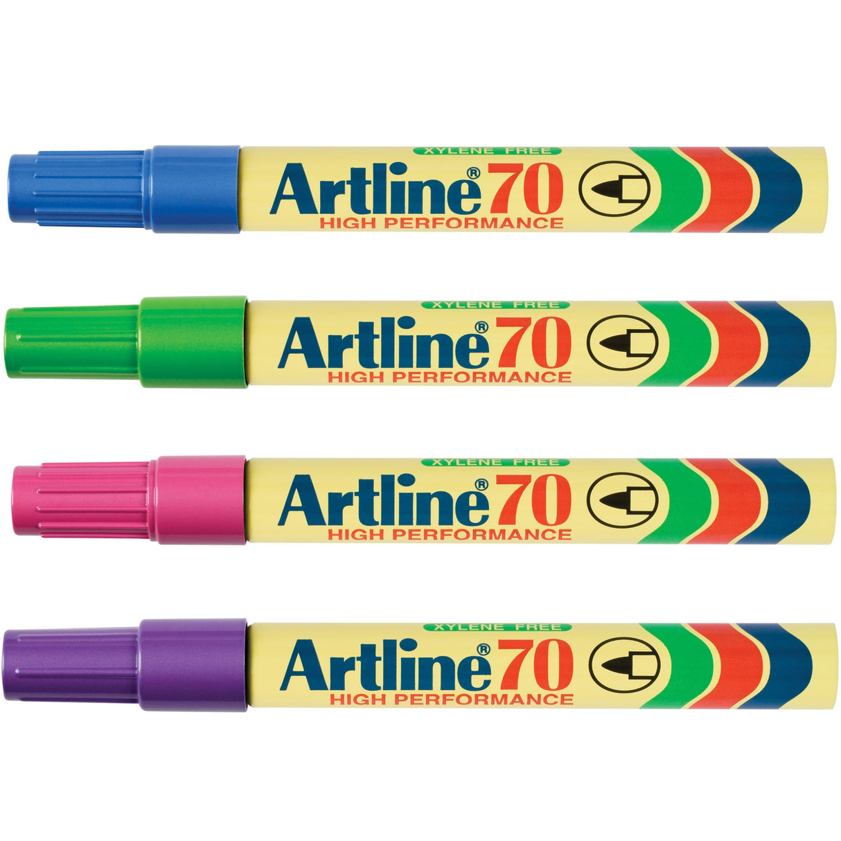 Set of 12 Artline 70 permanent markers in vibrant colors with 1.5mm bullet nib for versatile and precise marking.