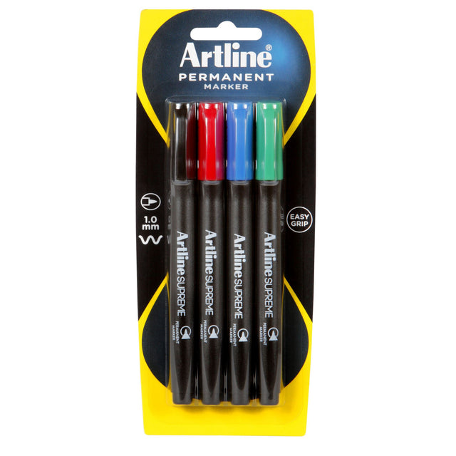 Set of 4 Artline Supreme Permanent Markers with ergonomic design and 1.00mm nib for vibrant, long-lasting marking.