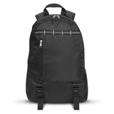 Sleek black backpack with padded compartments, adjustable straps, and front zip pocket, perfect for students and travelers.