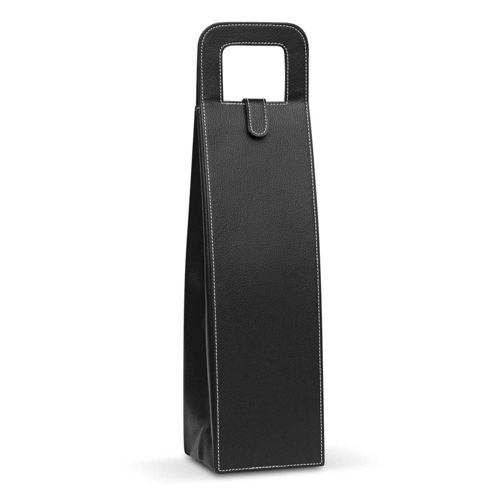 Elegant Gibbston Wine Carrier with leather-look finish, folds flat, designed for safe transport of a single wine bottle.