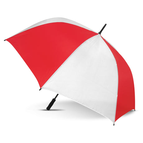 Hydra Sports Umbrella in white and red, featuring an automatic opening, robust eight-panel design, and windproof fiberglass frame.