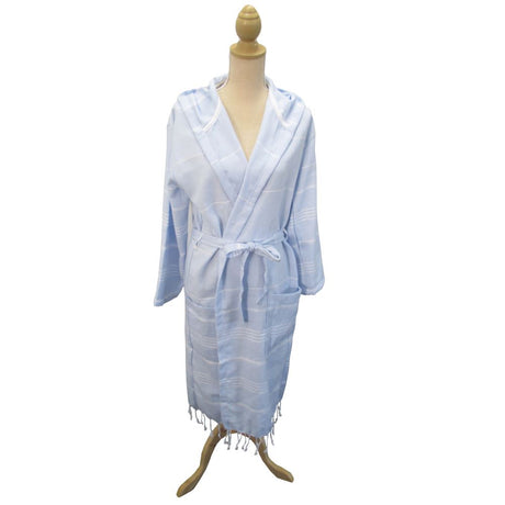 Pestemal Turkish bathrobe in baby blue, made from absorbent cotton, perfect for lounging or after-bath comfort.