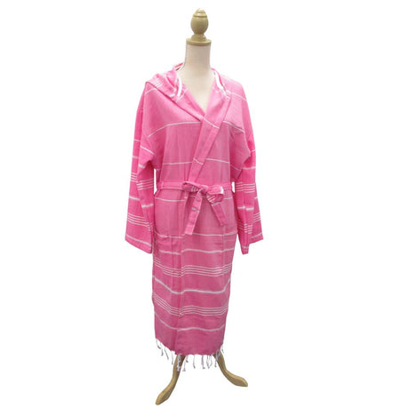 Lightweight dark pink Pestemal Turkish bathrobe, made from 100% pre-washed cotton, perfect for comfort and luxury.