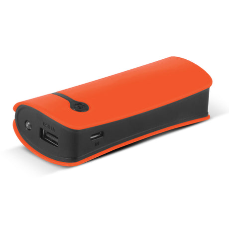 Vibrant orange 4400mAh Optimus Power Bank with power gauge and emergency flashlight, perfect for portable charging.