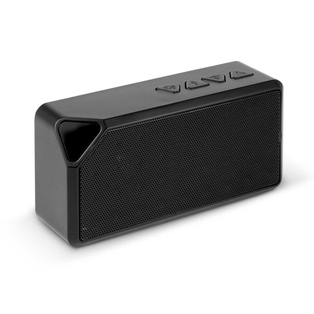 Genisys Bluetooth Speaker in sleek design, featuring mini sub-woofer, wireless connectivity, and built-in mic for calls.