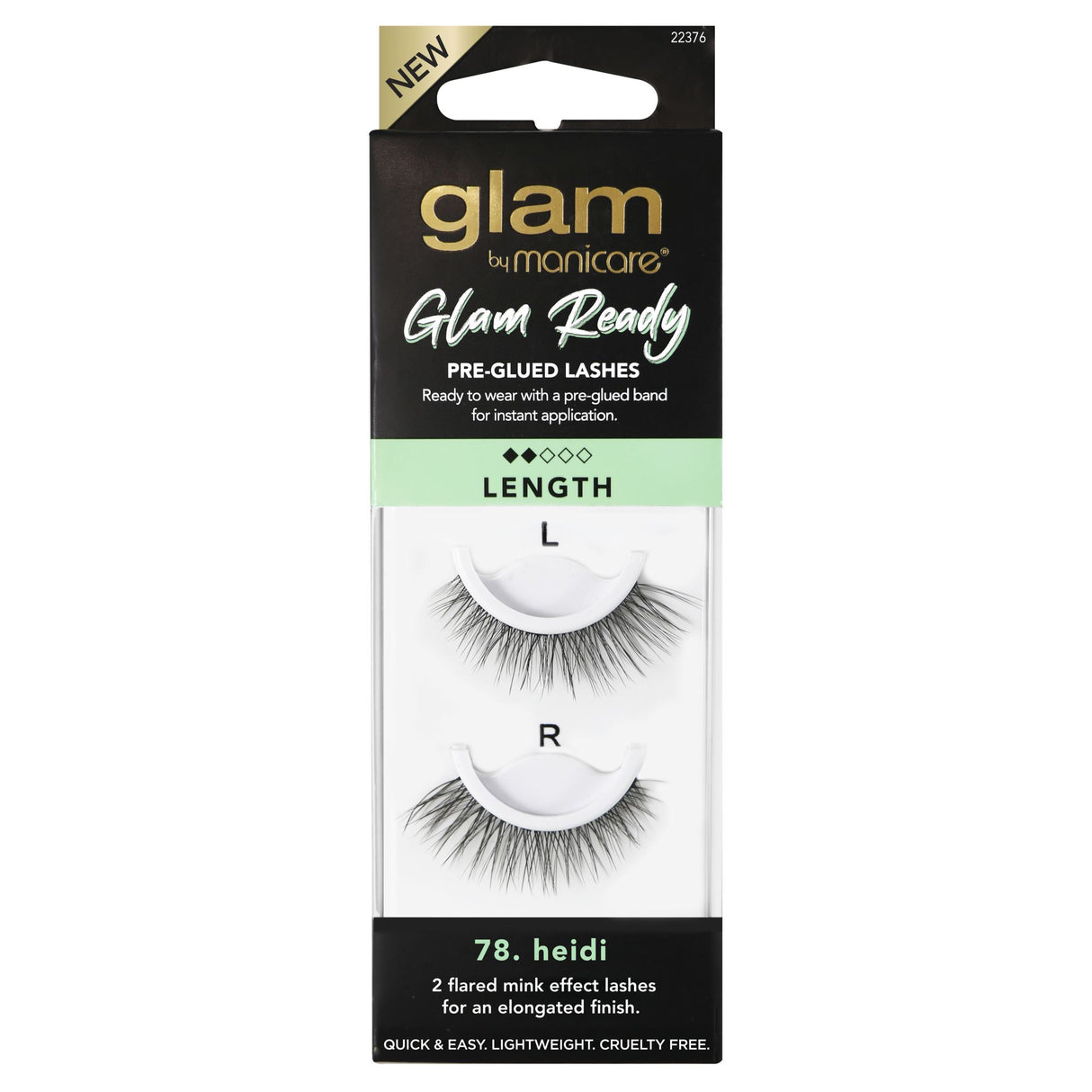 Flared mink effect lashes with pre-glued band for easy application, offering lightweight comfort and instant glamour.