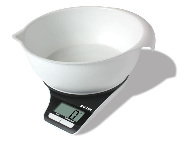 Salter Electronic Kitchen Scale No1089 with 5kg capacity, LCD display, and dishwasher-safe jug for accurate ingredient measurement.