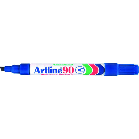 Artline 90 Blue Permanent Markers, 5mm chisel nib, 12 units, ideal for bold marking on various surfaces with instant drying ink.