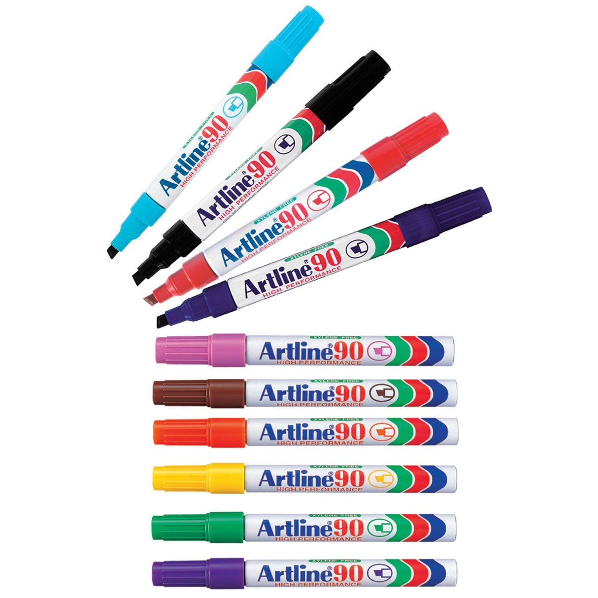 Assorted pack of 12 Artline 90 permanent markers with 5mm chisel nibs for versatile, smudge-free marking on various surfaces.