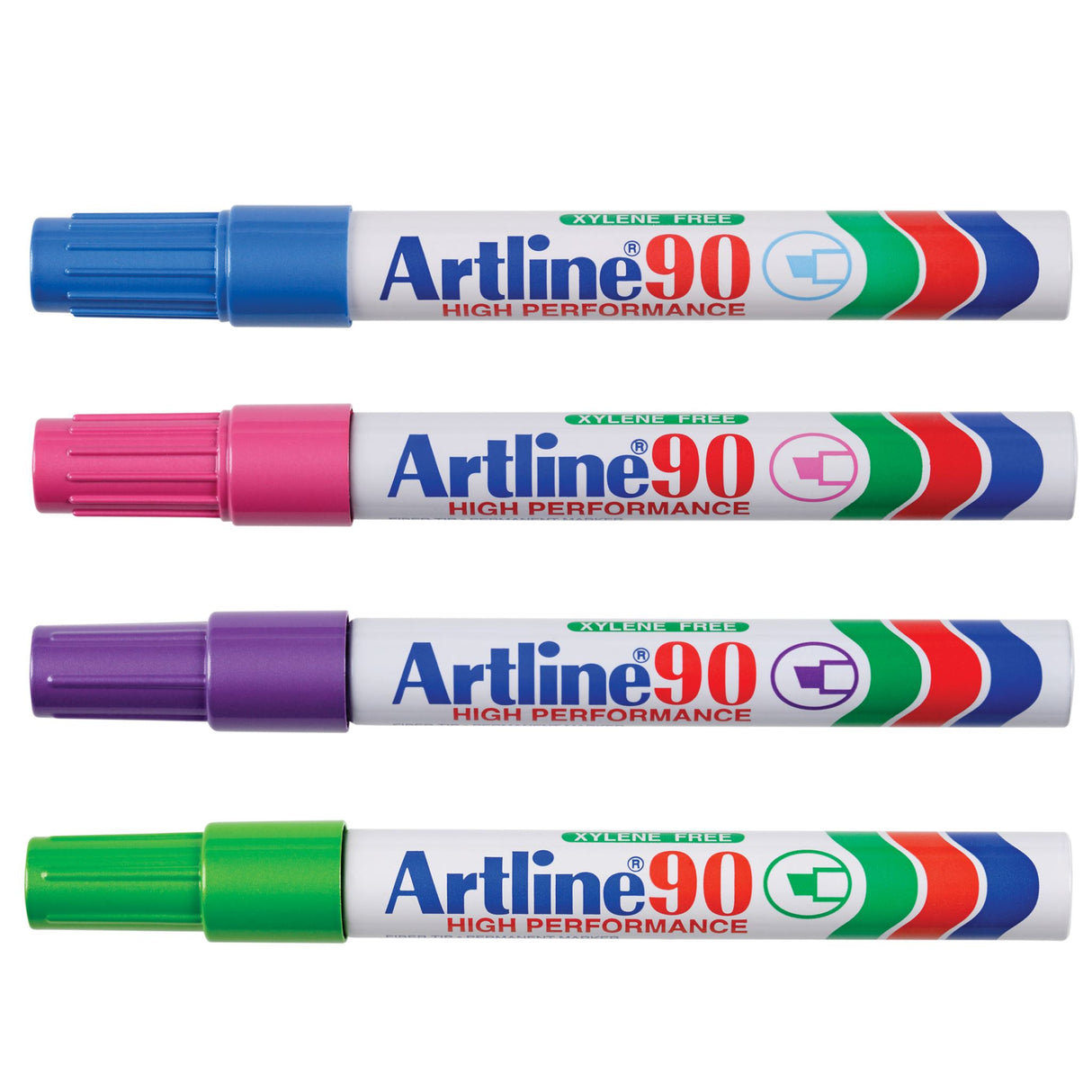 Colorful Artline 90 permanent markers with a 5mm chisel nib, perfect for versatile and high-quality marking on various surfaces.