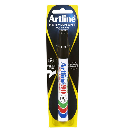 Artline 90 Permanent Marker with 5mm chisel nib in black, ideal for versatile marking on various surfaces with instant-drying ink.