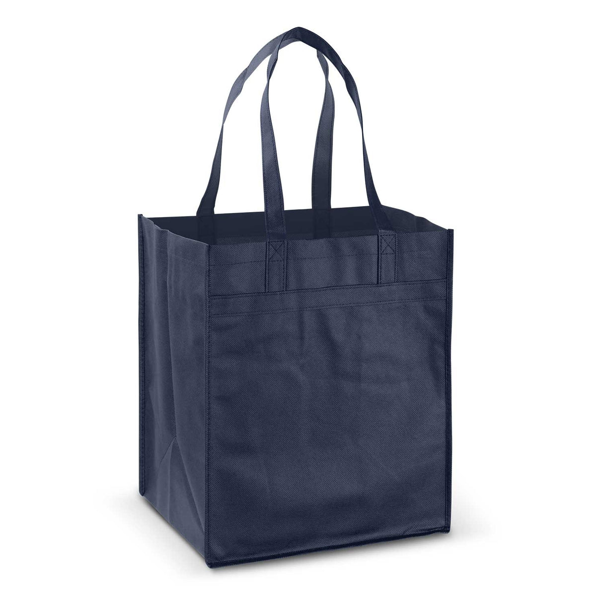 Five navy reusable shopping bags featuring a large gusset, strong handles, and eco-friendly material for sustainable shopping.