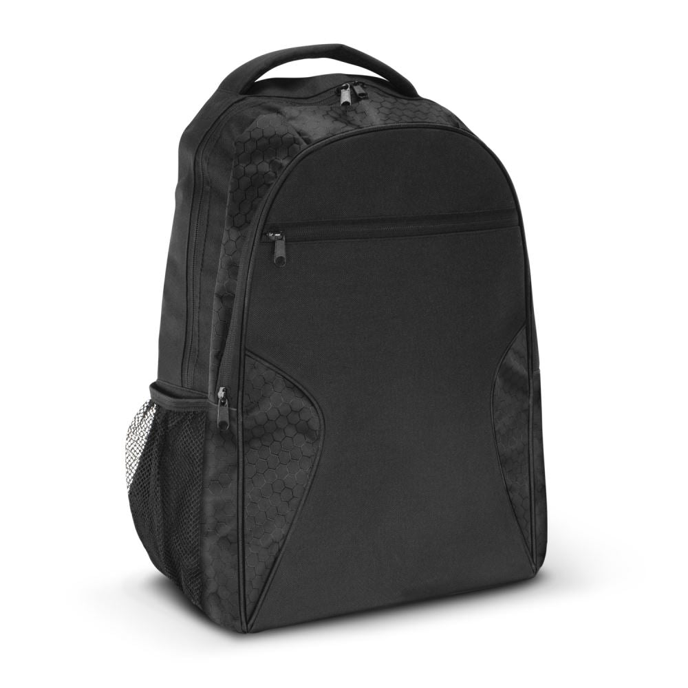 Artemis Laptop Backpack in Black, featuring padded compartments and stylish accents for secure travel and organization.