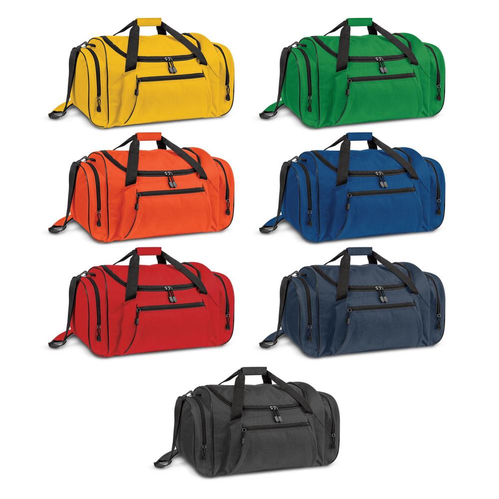 Large green duffle bag made of durable 600D polyester, featuring multiple pockets and comfortable shoulder strap.
