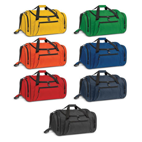 Light blue large duffle bag with durable 600D polyester, adjustable strap, reinforced base, and multiple pockets for travel convenience.
