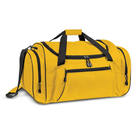 Bright yellow large duffle bag made of durable 600D polyester, featuring multiple pockets and comfortable shoulder strap.