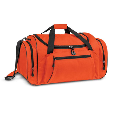 Vibrant orange large duffle bag with durable fabric, adjustable strap, and multiple pockets for travel and daily use.