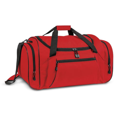 Large red duffle bag with durable fabric, adjustable shoulder strap, multiple pockets, and a reinforced base for stability.
