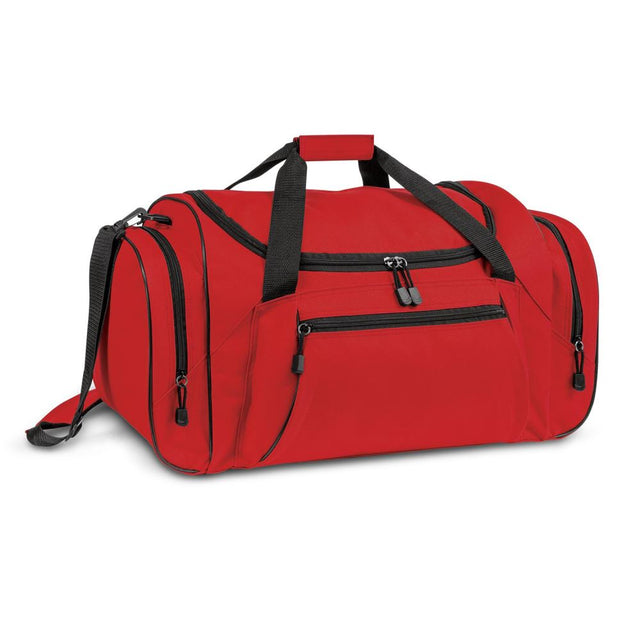 Large red duffle bag with durable fabric, adjustable shoulder strap, multiple pockets, and a reinforced base for stability.