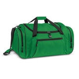 Large green duffle bag made of durable 600D polyester with adjustable strap, multiple pockets, and sturdy reinforced base.
