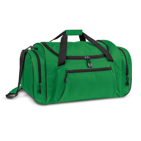 Large green duffle bag made of durable 600D polyester with adjustable strap, multiple pockets, and sturdy reinforced base.