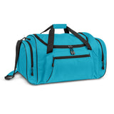 Light blue large duffle bag made from durable polyester, featuring adjustable strap, reinforced base, and multiple external pockets.