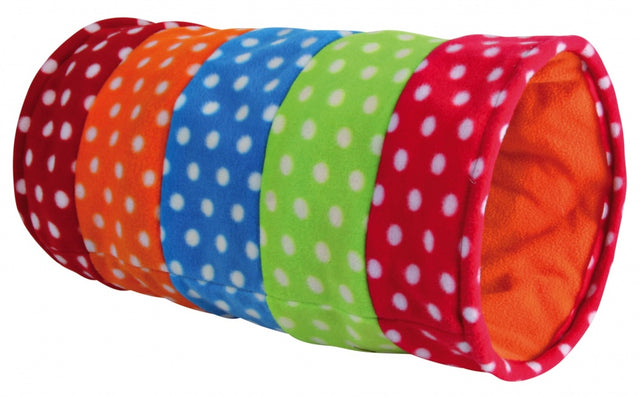 Colorful 50cm cat play tunnel with fleece lining and rustling foil, perfect for engaging play and exploration.