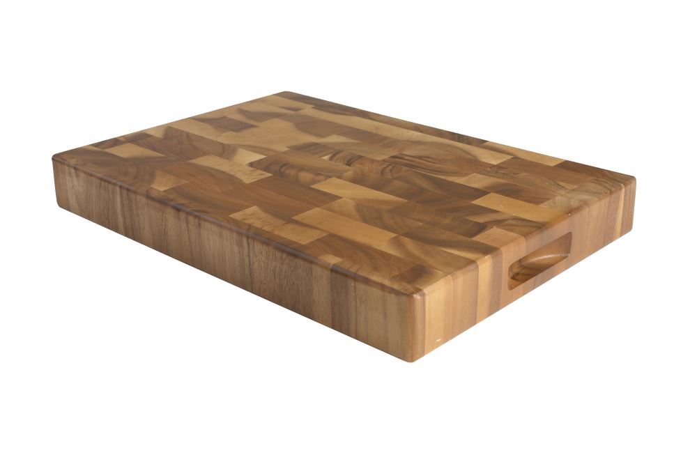 Tuscany End Grain Large Board: premium acacia wood cutting board with finger grooves, perfect for chopping and serving.