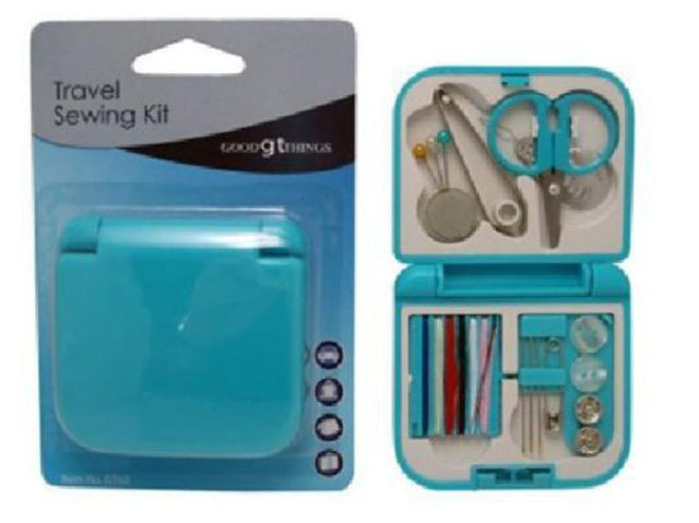 Compact blue Travel Sewing Kit with needles, threads, scissors, and pins for quick on-the-go clothing repairs.