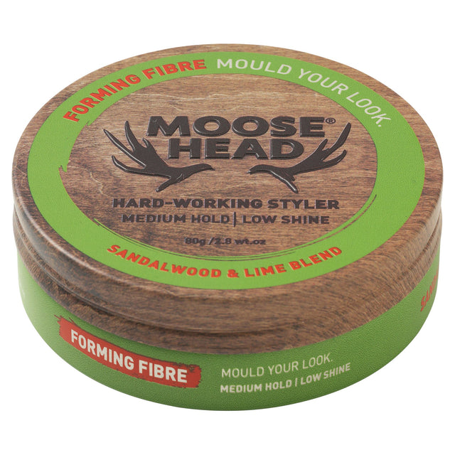 Moosehead Forming Fibre 80g: Medium hold hair styling paste with low shine, Sandalwood and Lime scent, suitable for all hair types.