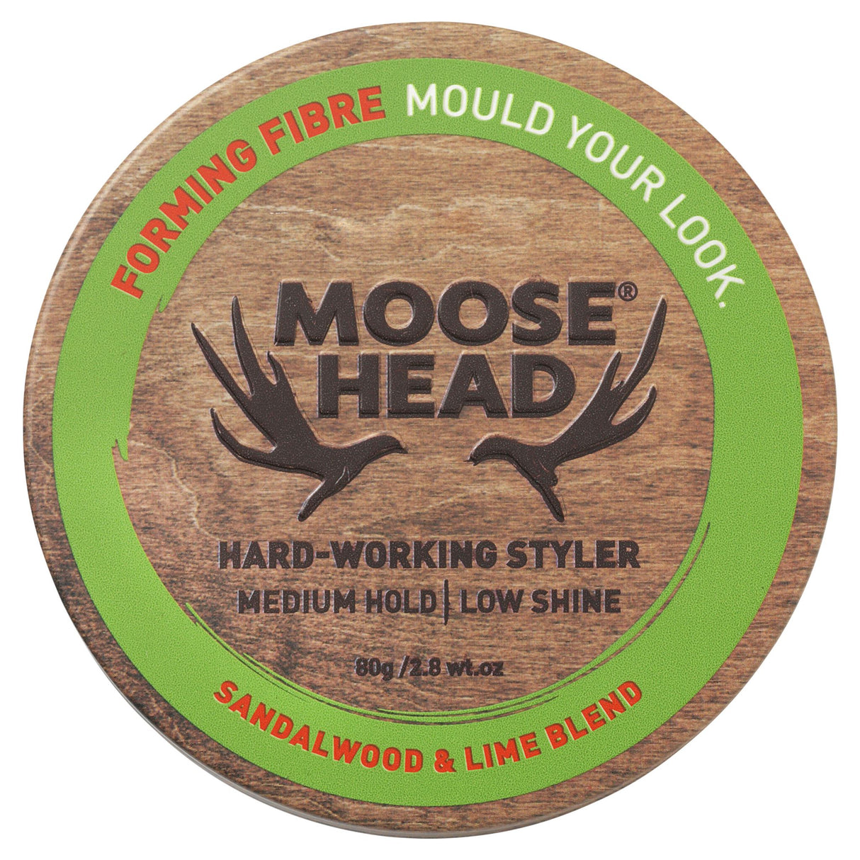 Moosehead Forming Fibre 80g, a lightweight hair paste offering medium hold, low shine, and a refreshing Sandalwood and Lime scent.