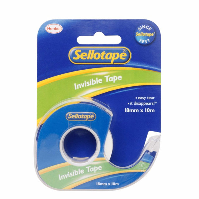 Sellotape 3265 Invisible Tape on Dispenser, 18mm x 10m, ideal for seamless fixing and crafting without visible traces.