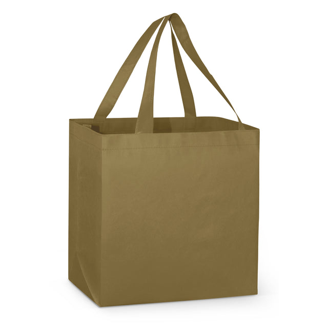 Set of 5 khaki brown eco-friendly reusable shopping bags, perfect for groceries and bulky items, made from durable non-woven material.