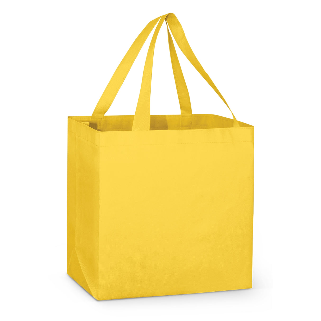 Bright yellow reusable shopping bags, 5-pack, made from eco-friendly material, perfect for groceries and bulk items.