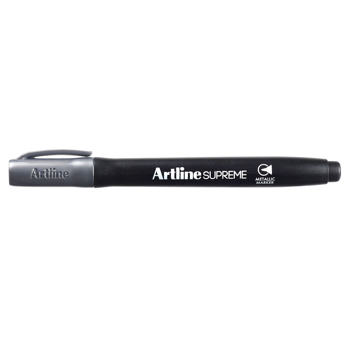 Artline Supreme Metallic Marker Silver in a pack of 12, featuring rich pigment ink and a comfortable curved barrel design.