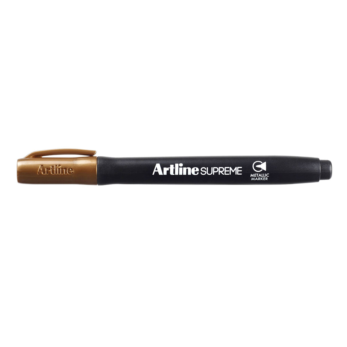 Set of 12 Artline Supreme Metallic Markers in bronze, featuring 1.0mm lines for vibrant, rich colors in a comfortable design.