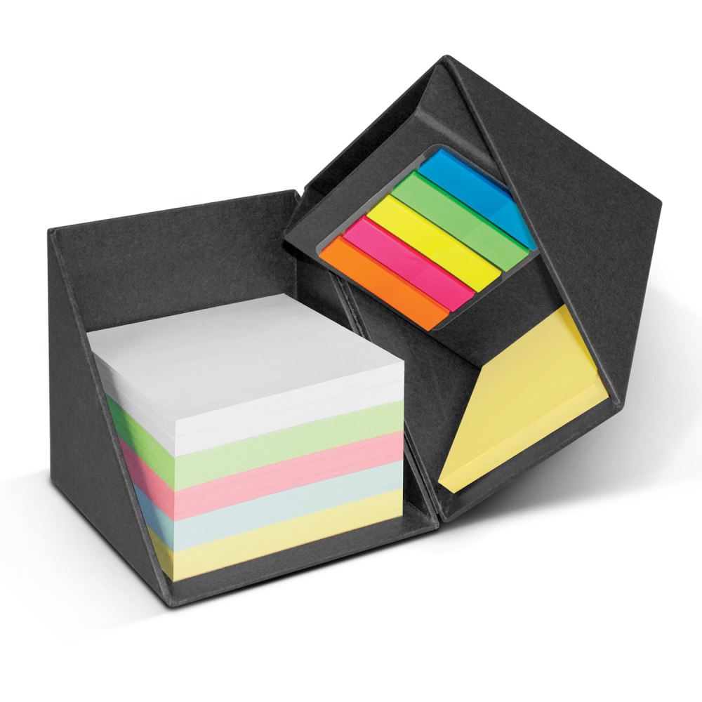 Eco-friendly desk organizer in natural tones featuring multi-coloured notes, yellow sticky pads, flags, and a pen cup.