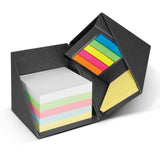 Eco-friendly desk organizer in natural tones featuring multi-coloured notes, yellow sticky pads, flags, and a pen cup.