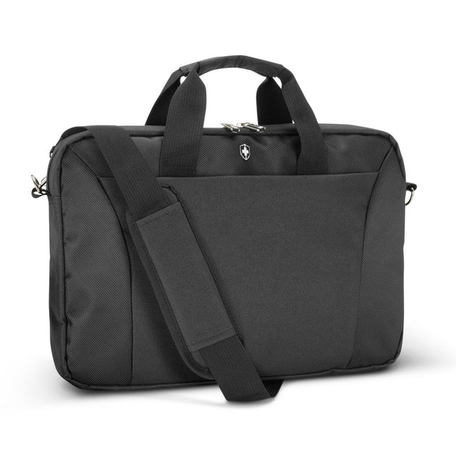 Durable Swiss Peak laptop bag with padded compartment, tablet sleeve, zippered pocket, and detachable shoulder strap for travel.